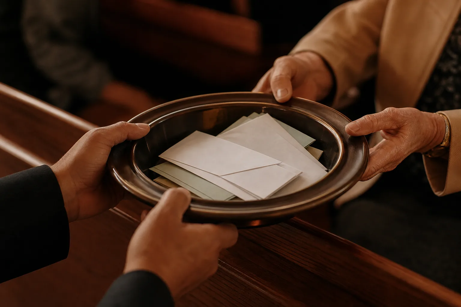 An offering plate of giving envelopes being passed between hands in a church pew.