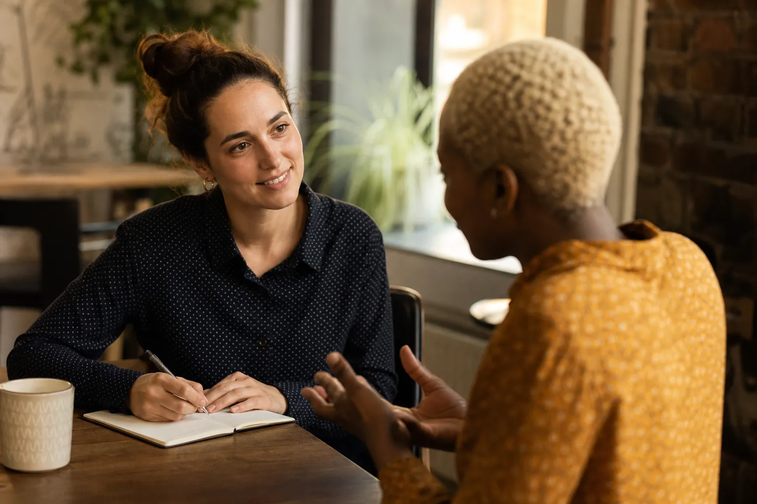 Two people in a warm, candid interview conversation, one taking notes.