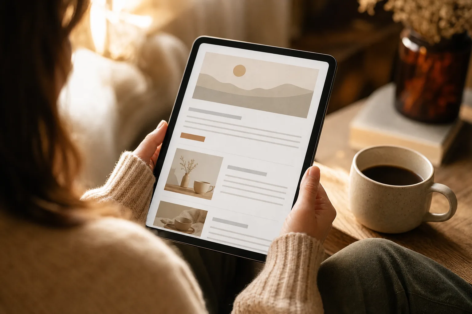 A person reading an email newsletter on a tablet in a warm setting.