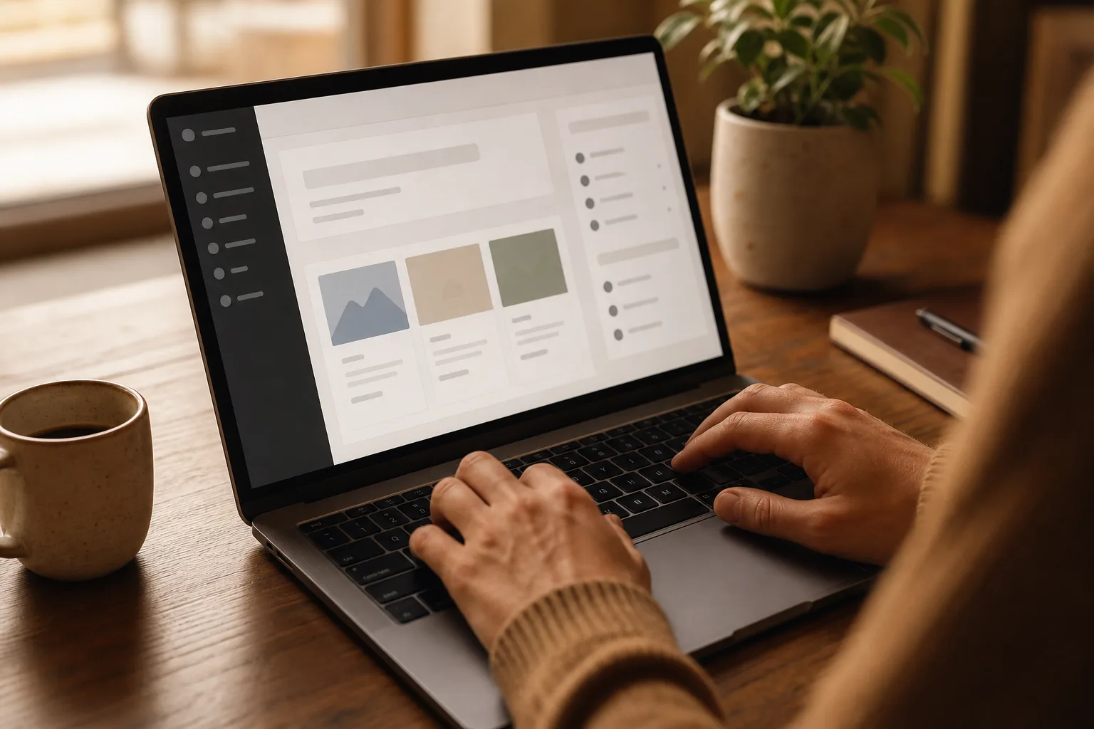 Hands typing on a laptop showing a content management dashboard.