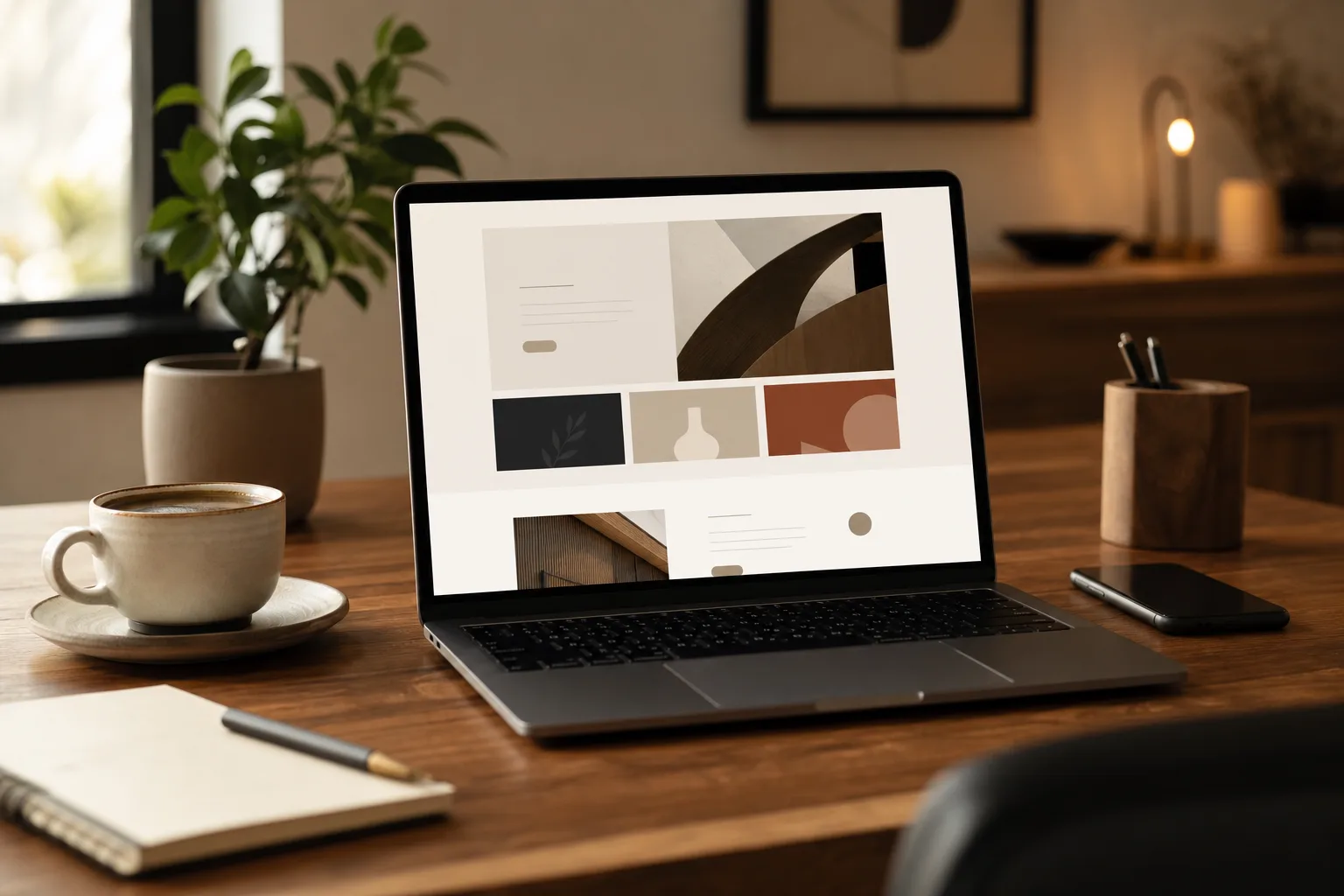 A laptop on a warm wooden desk displaying a clean, modern website layout.