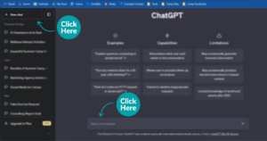 Screen grab of Chat GPT showing the reader where to click to start a new chat for Best Practices for ChatGPT Prompts for Coaches and Consultants. 